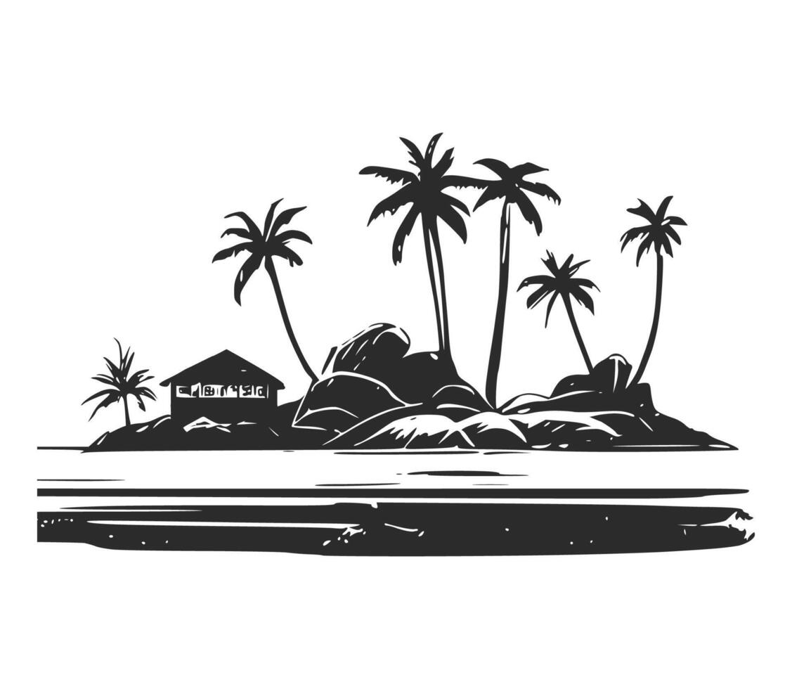 palma alberi e capanna su tropicale spiaggia. nero sagome e su bianca sfondo. vettore