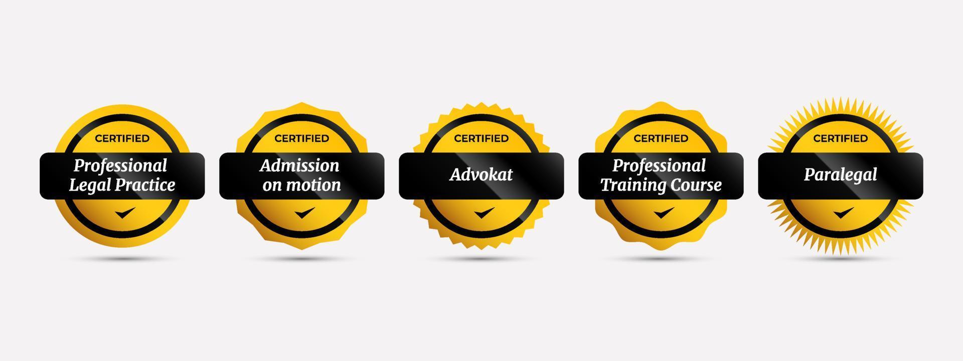 distintivo certificato con lusso giallo e nero. diritto di certificazione professionale in più categorie. illustrazione vettoriale modello icona logo timbro.