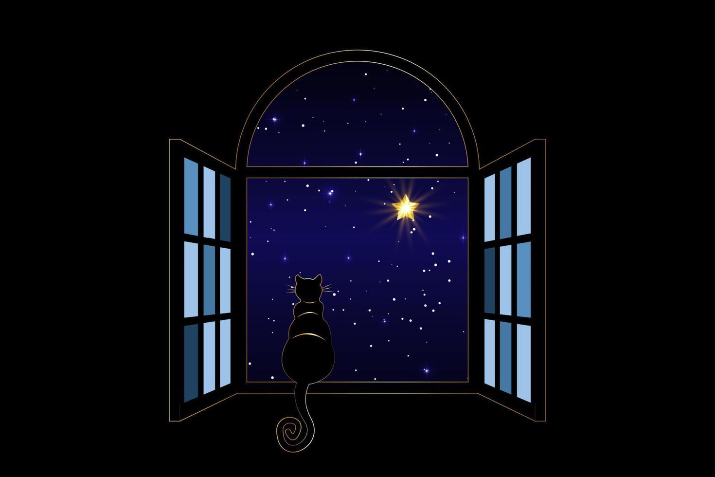 gatto nero seduto sulla finestra di notte guarda il cielo notturno e le stelle brillanti, stella sirius, illustrazione vettoriale