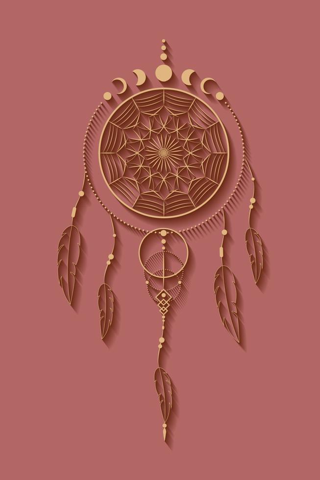 acchiappasogni dettagliato con ornamento mandala e fasi lunari. simbolo mistico d'oro, arte etnica con design boho indiano nativo americano, vettore isolato su vecchio sfondo rosa vintage