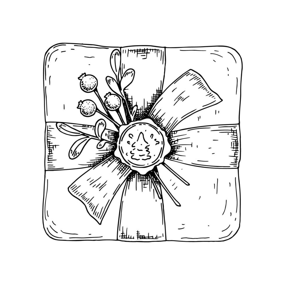confezione regalo di lusso disegnata a mano con un fiocco. vista dall'alto. illustrazione vettoriale in stile schizzo isolato su sfondo bianco