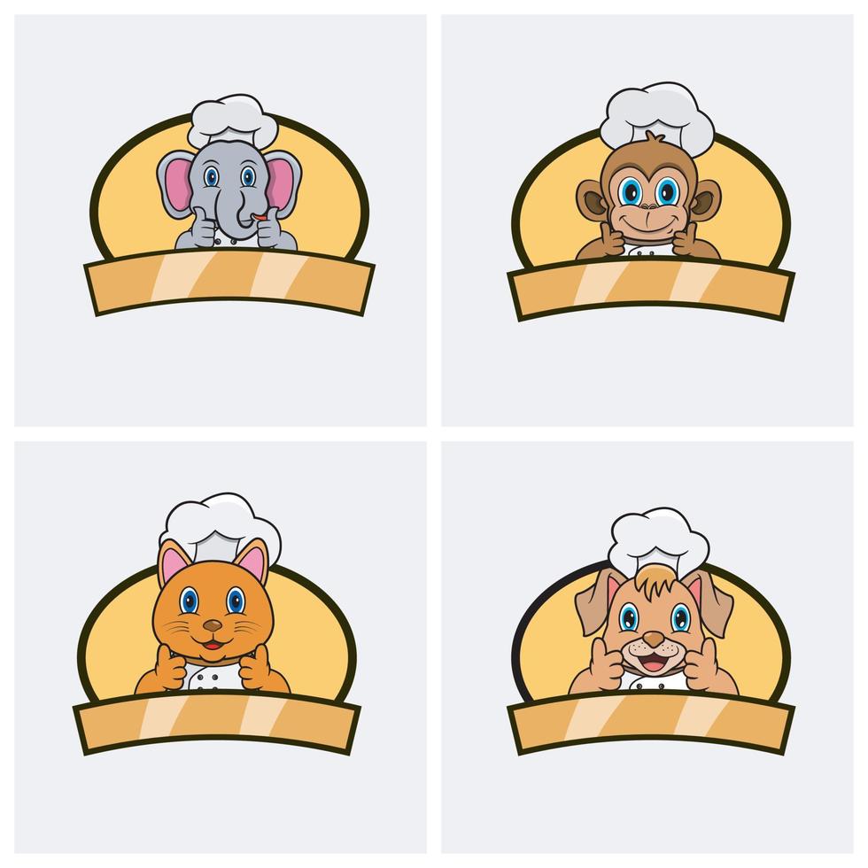 set da chef con simpatici animali, con cappello e tema cucina. design di personaggi di elefanti, scimmie, gatti e cani, mascotte, etichette, icone e logo. vettore