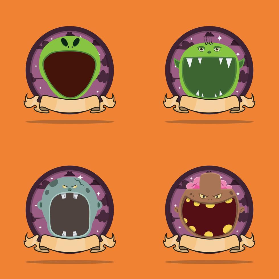 mostro testa set emblema. con design del personaggio alieno, goblin, zombi grigio e testa di zombi marrone vettore