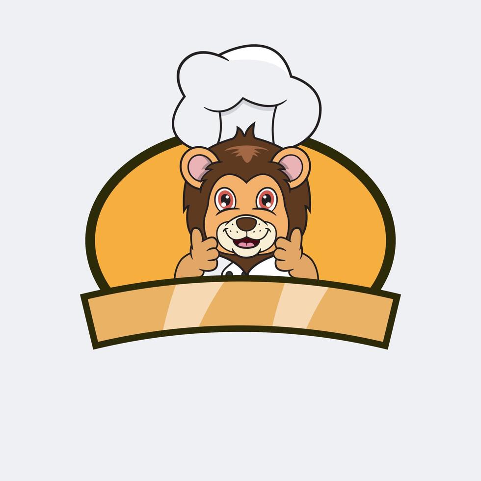 simpatico chef leone e tema di cucina. mascotte, personaggio, logo, etichetta e icona. vettore