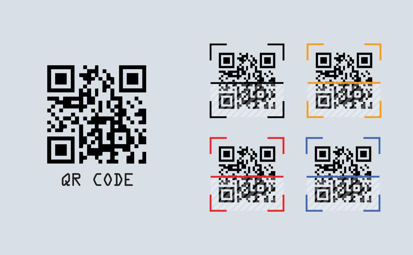 set di icone di scansione codice qr. processo di scansione del codice qr con il concetto di colori nero, giallo, rosso e blu. vettore