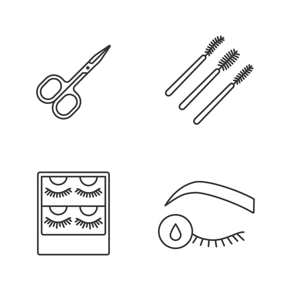 set di icone lineari di estensione delle ciglia. simboli di contorno linea sottile. forbici, bacchette mascara, confezione ciglia finte, primer per extension ciglia. illustrazioni di contorno vettoriale isolato. tratto modificabile