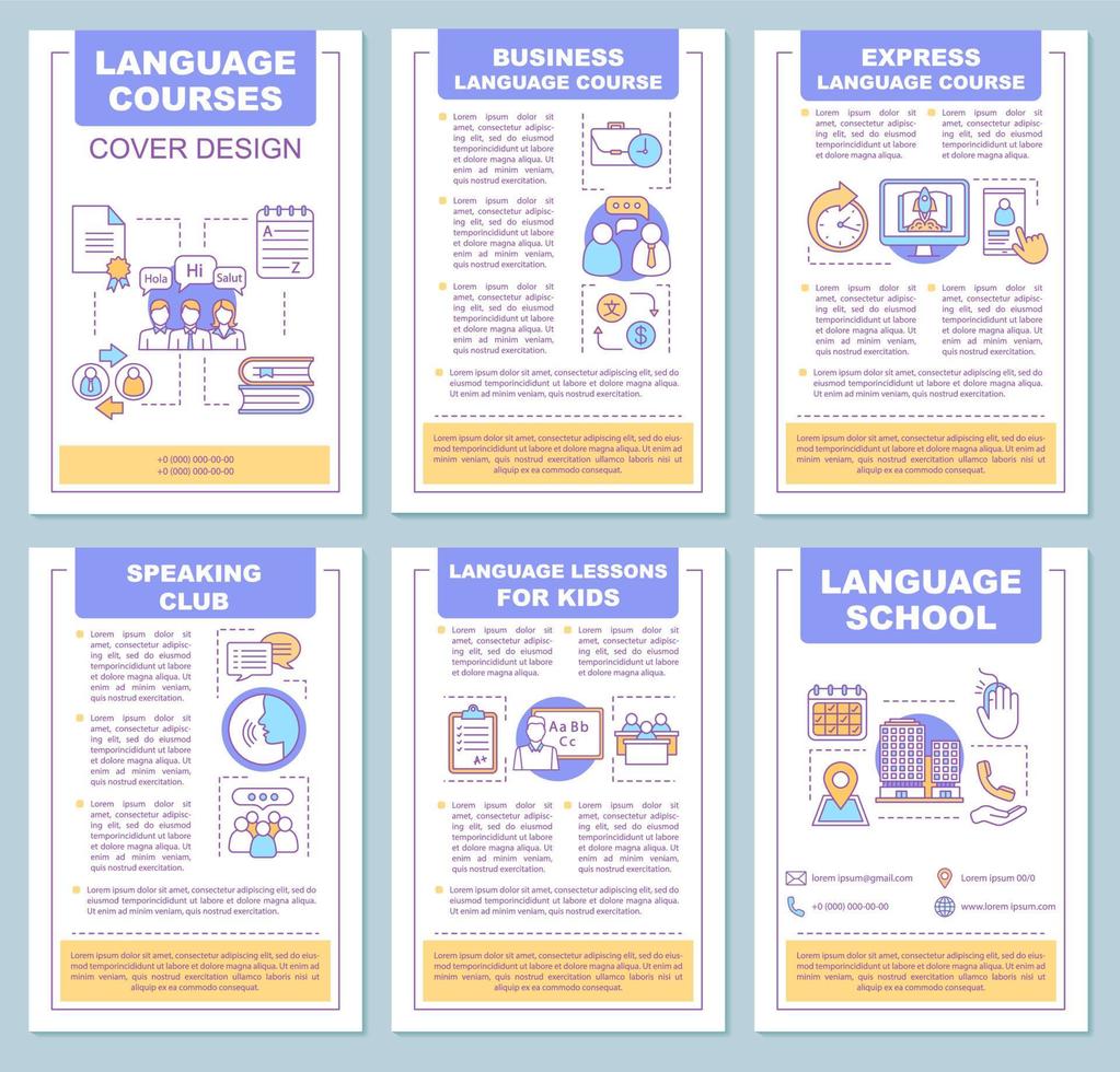 modello di brochure della scuola di lingue straniere. volantino, opuscolo, stampa di volantini. apprendimento delle lingue per bambini e adulti. club di conversazione, grammatica. layout di pagina vettoriale per riviste, report, poster