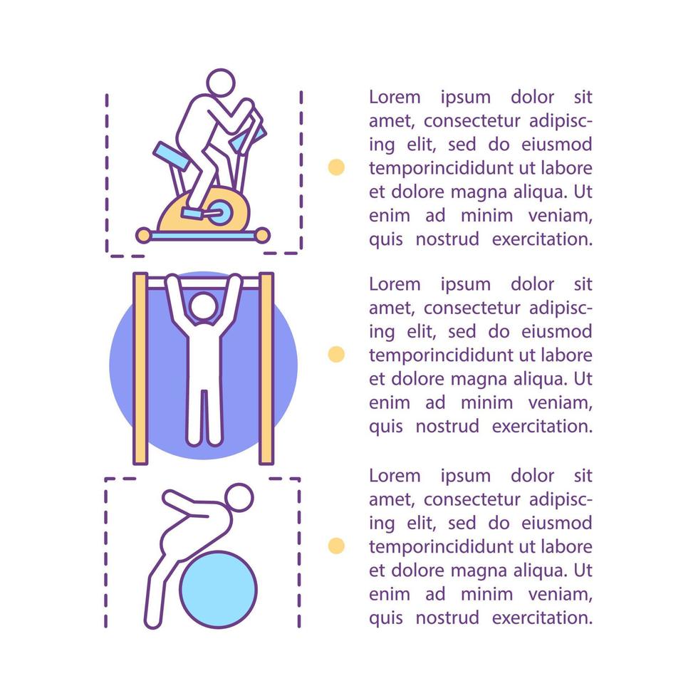 modello di vettore della pagina dell'articolo di fitness. uno stile di vita sano. attività fisiche, esercizi. allenamento e allenamento. brochure, riviste, opuscoli con caselle di testo. disegno di stampa. illustrazione del concetto