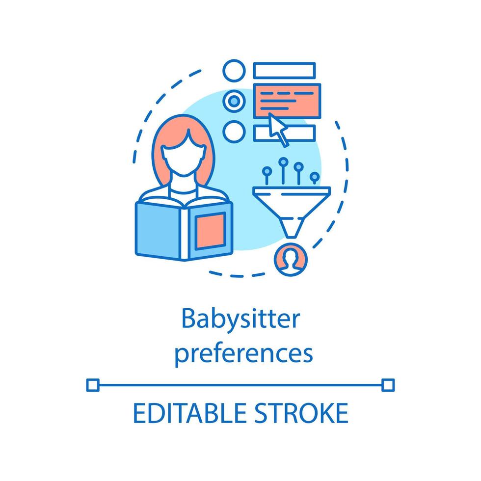 icona del concetto di preferenze babysitter. scegliendo la scuola materna, l'asilo nido, l'illustrazione al tratto sottile dell'idea scolastica. tata, qualità di infermiera infantile, caratteristica. disegno vettoriale isolato profilo. tratto modificabile