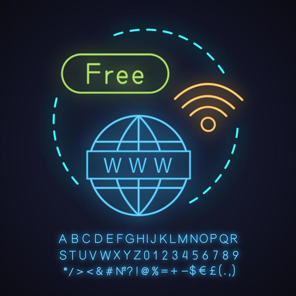 icona del concetto di luce al neon di accesso a Internet. idea Wi-Fi gratuita. hotspot internet senza fili. segno luminoso con alfabeto, numeri e simboli. illustrazione vettoriale isolato