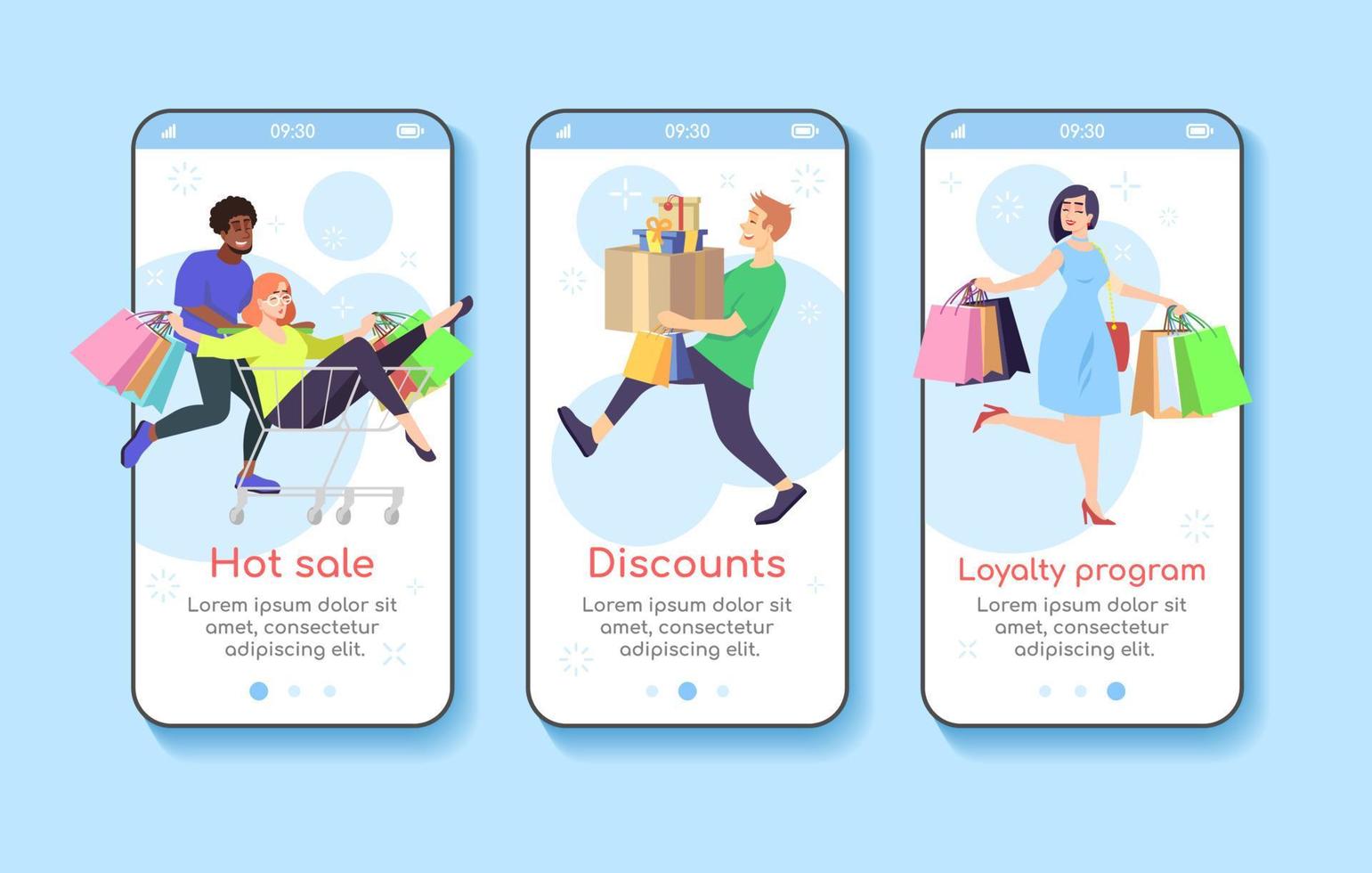 modello di schermata dell'app mobile onboarding dello shopping. vendita calda, sconti, programma fedeltà. marketing di attrazione del cliente. sito Web di guida dettagliata con caratteri piatti. ux, ui, gui interfaccia del fumetto dello smartphone vettore