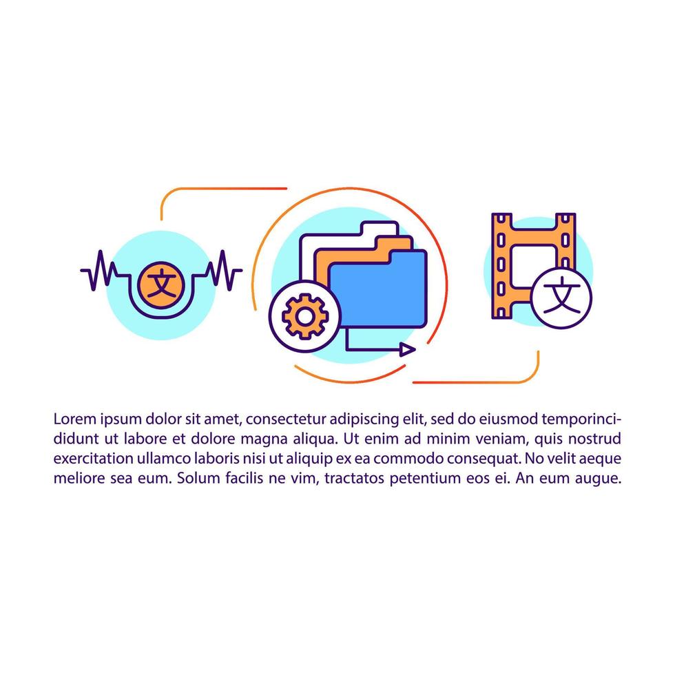 modello di vettore della pagina dell'articolo di traduzione audio e video. apprendimento della lingua. brochure, rivista, elemento libretto con icone lineari e caselle di testo. disegno di stampa. illustrazioni concettuali con spazio di testo