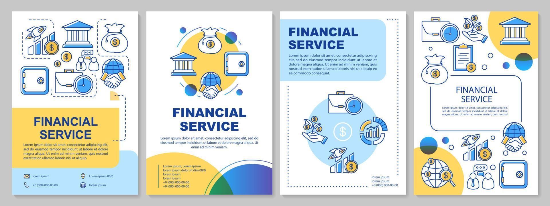 layout del modello di servizio finanziario. volantino, opuscolo, stampa di volantini con illustrazioni lineari. contabilità, settore bancario. layout di pagine vettoriali per riviste, relazioni annuali, manifesti pubblicitari