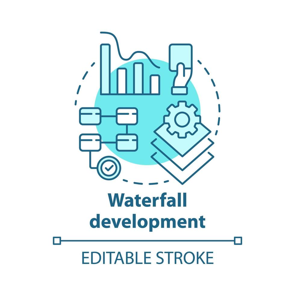 icona del concetto di sviluppo a cascata. fasi sequenziali del progetto. gestione della strategia. illustrazione della linea sottile dell'idea di amministrazione del flusso di lavoro. disegno vettoriale isolato profilo. tratto modificabile