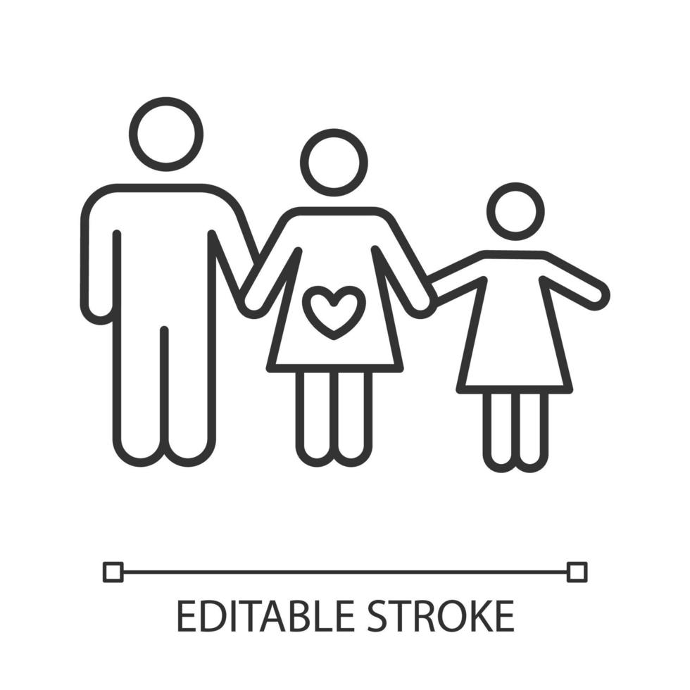 icona lineare di pianificazione familiare. marito, moglie che alleva un figlio. madre, padre con figlia. relazione sana. illustrazione di linea sottile. simbolo di contorno. disegno vettoriale isolato profilo. tratto modificabile