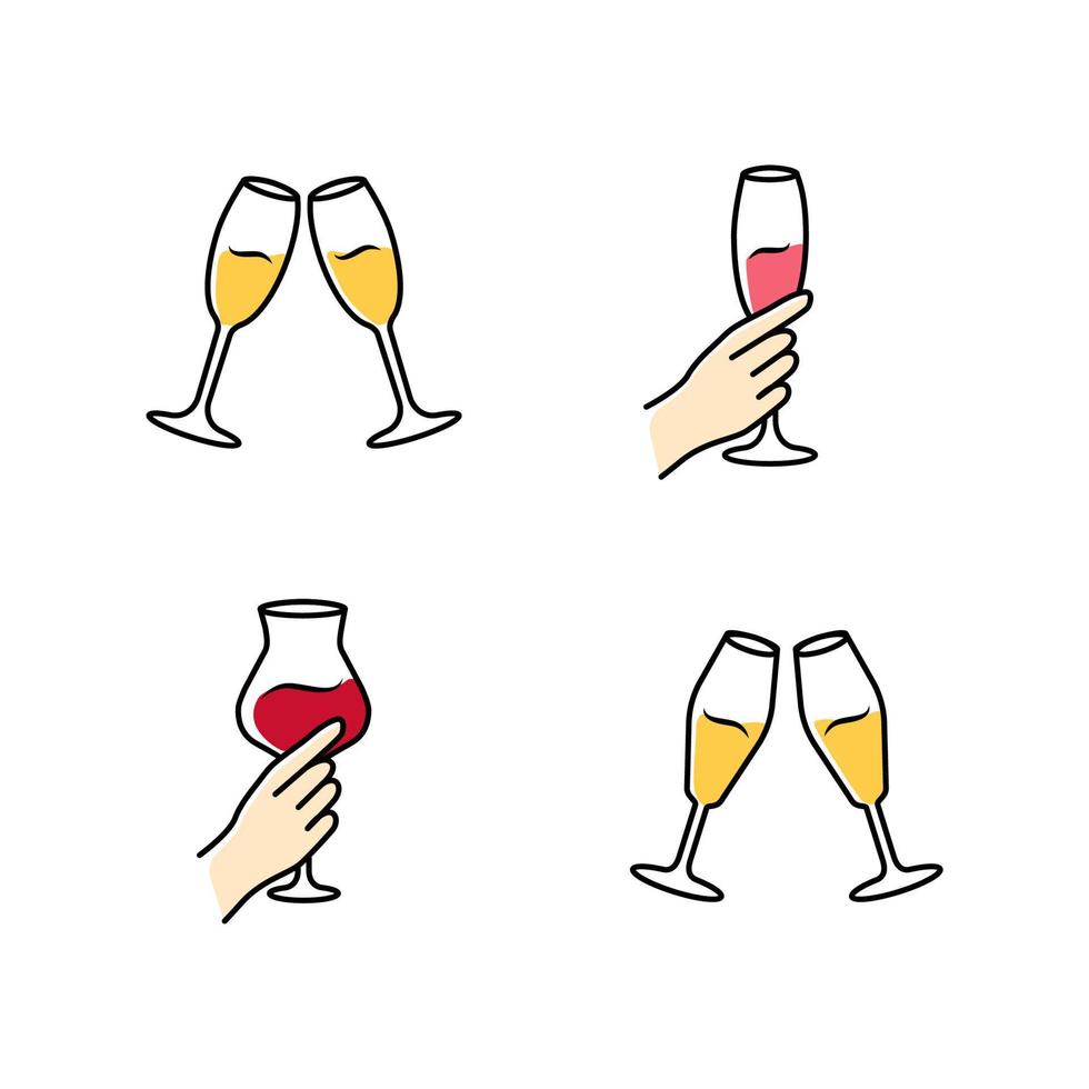 set di icone di colore del servizio vino. bicchieri di champagne tintinnanti. mani che tengono bevande alcoliche. celebrazione, festa. nozze. assaggio, assaggio. Saluti. pane abbrustolito. illustrazioni vettoriali isolate