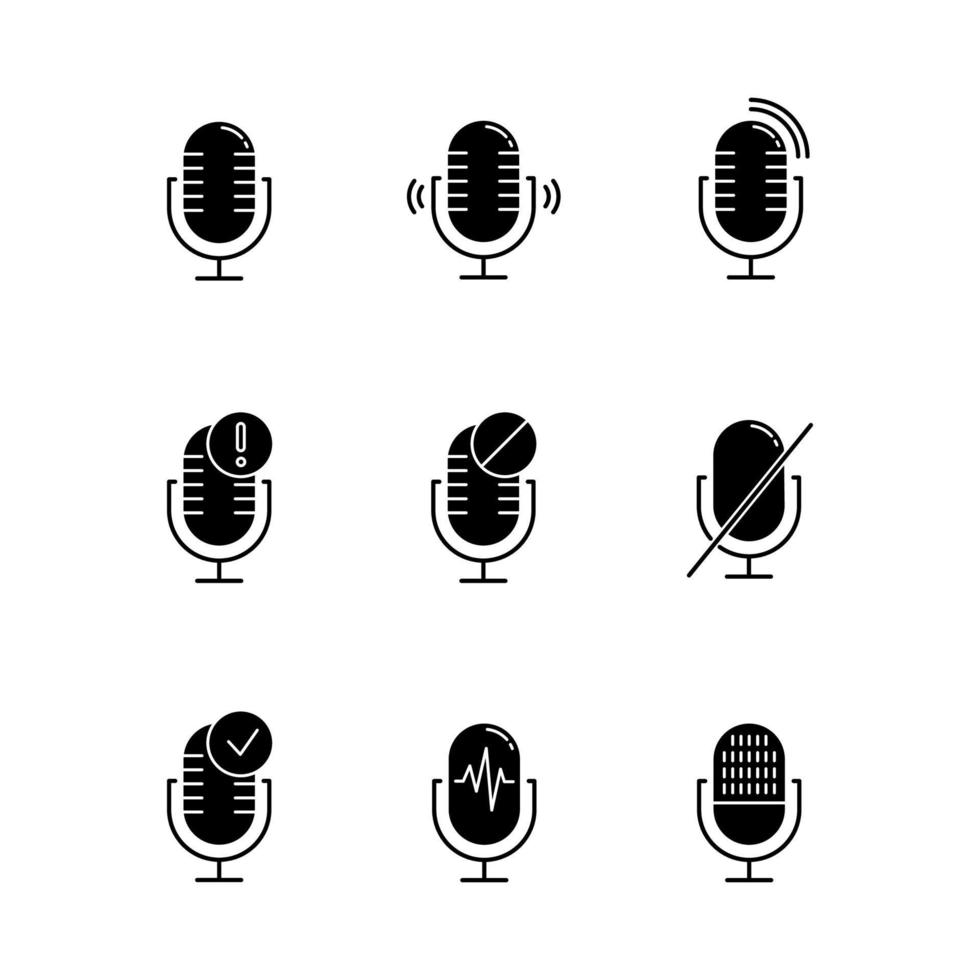 set di icone glifo problema connessione microfono. idea di registratori di suoni. microfoni collegati. comandi vocali diversi. moderne apparecchiature musicali. simboli di sagoma. illustrazione vettoriale isolato