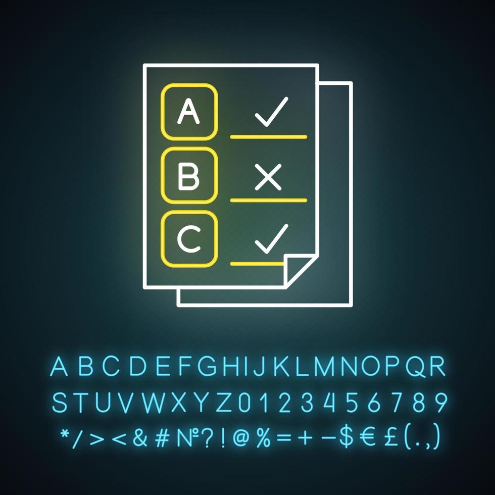 icona della luce al neon del sondaggio scritto. esame. pagina del questionario scegli più opzioni. risposte corrette, sbagliate. rapporto dati. segno luminoso con alfabeto, numeri e simboli. illustrazione vettoriale isolato