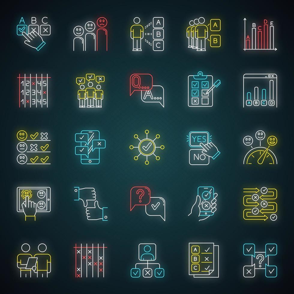 set di icone di luce al neon di indagine. domanda e risposta. sondaggio sociale. sondaggio di gruppo. colloquio. feedback positivo e negativo. scegli l'opzione. statistiche. segni luminosi. illustrazioni vettoriali isolate