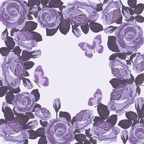 Modello di carta floreale con rose viola e farfalle. Bella cornice vettore