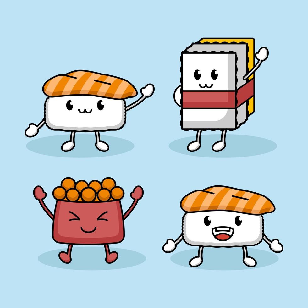 set di simpatici disegni di mascotte sushi, tonno, tamago vettore