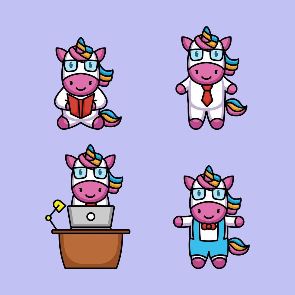 set di simpatica mascotte nerd studente unicorno vettore