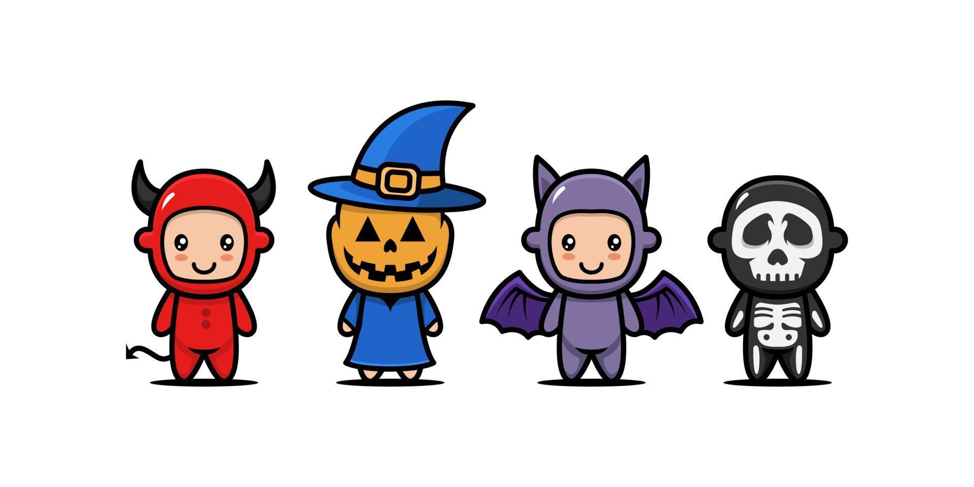 set di bambini carini con l'illustrazione dell'icona del design del costume di halloween vettore