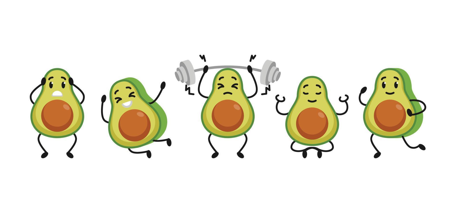 set di simpatici disegni di mascotte di frutta avocado vettore