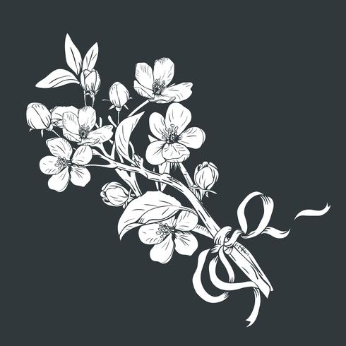Albero fiorito Mazzo botanico disegnato a mano dei rami del fiore su fondo nero. Illustrazione vettoriale