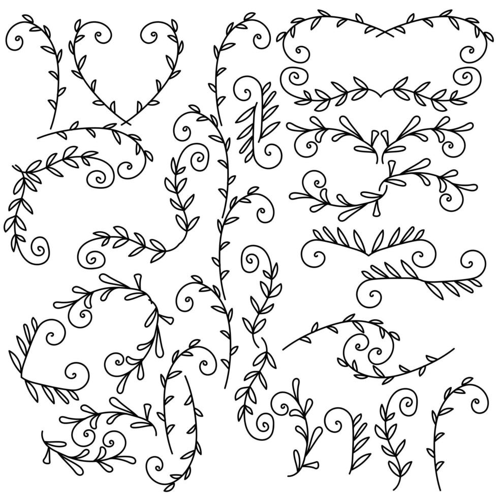 set di elementi decorativi lineari con foglie e riccioli, foglie scarabocchiate sotto forma di divisori, angoli, bordi per il design vettore