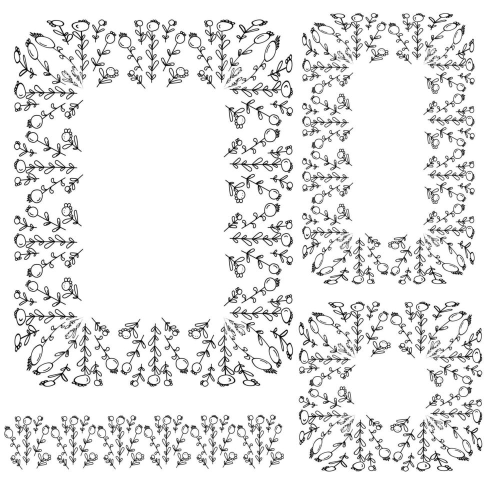 set di tre cornici rettangolari e bordo con fiori scarabocchiati con linee semplici, fiori lineari semplici vettore