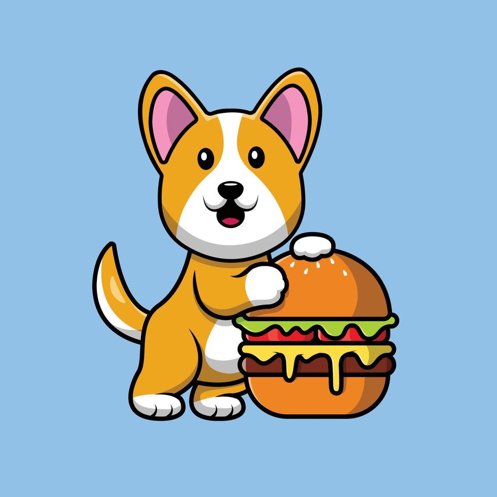 simpatico cane corgi con hamburger fumetto icona vettore illustrazione