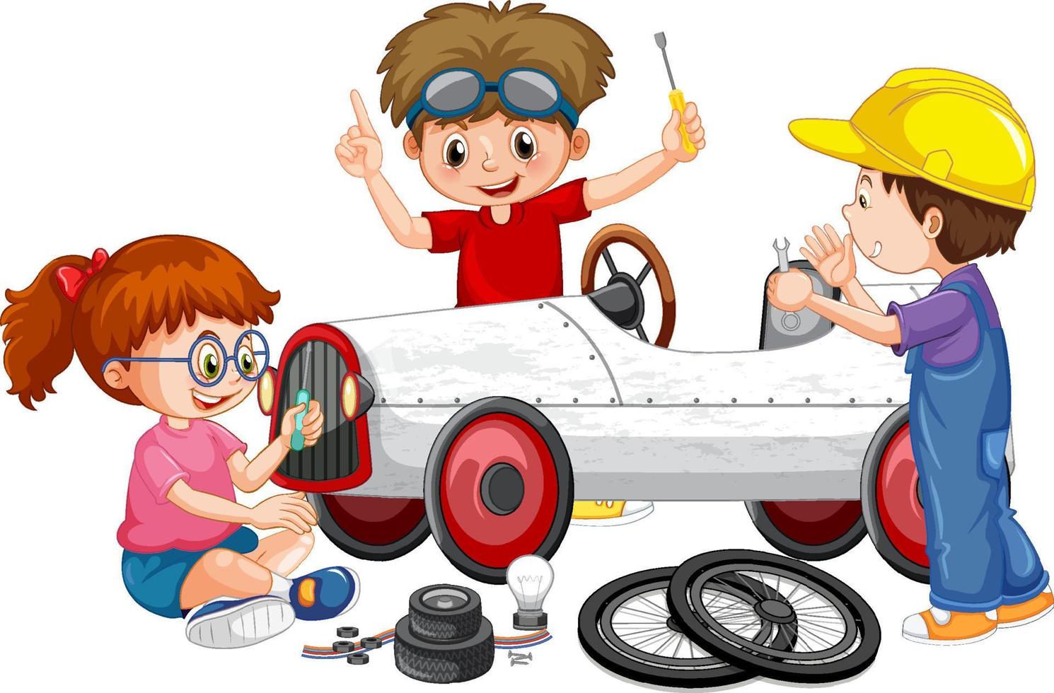 bambini che riparano un'auto insieme vettore