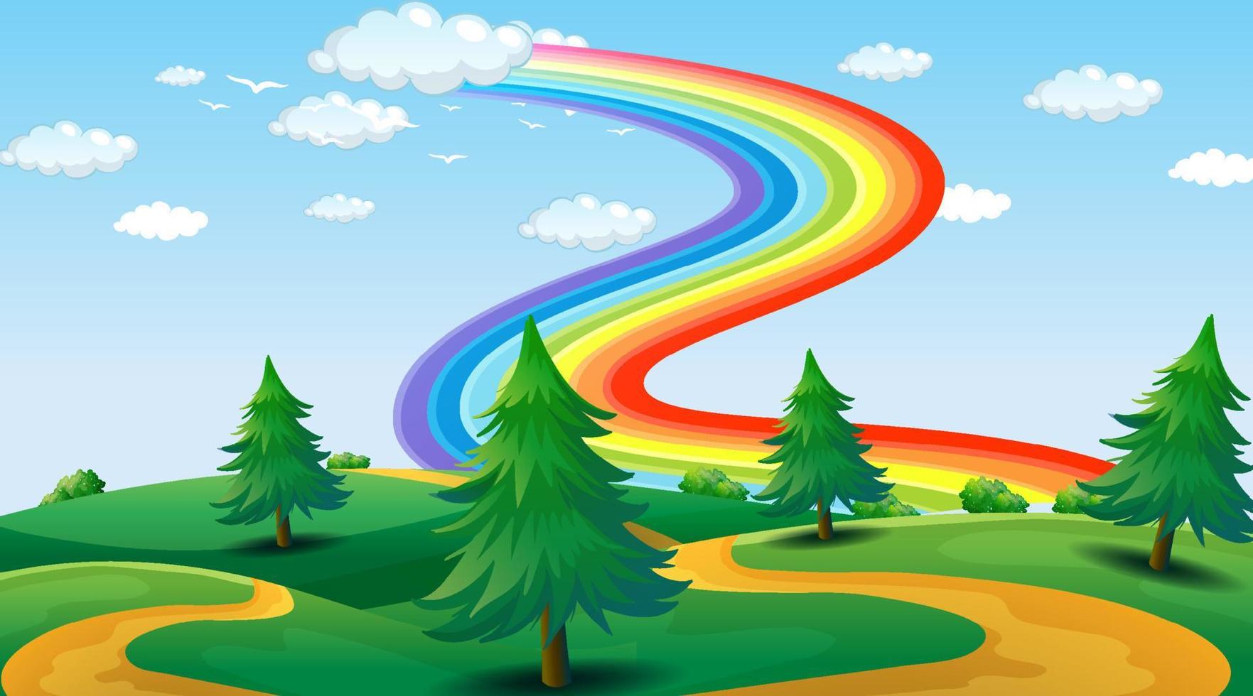 scena del paesaggio del parco con arcobaleno nel cielo vettore
