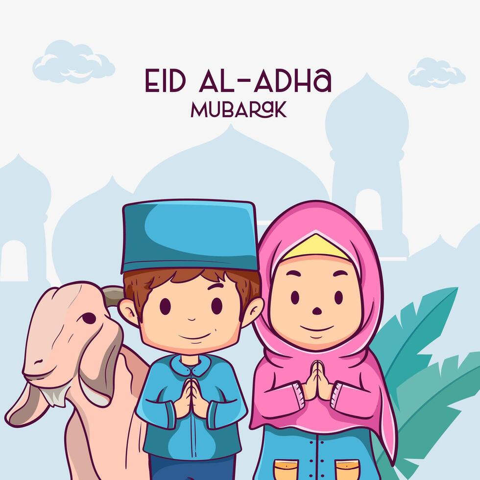 eid al adha saluto carta. cartone animato musulmano famiglia festeggiare eid al adha con capre, stelle e moschea come sfondo vettore