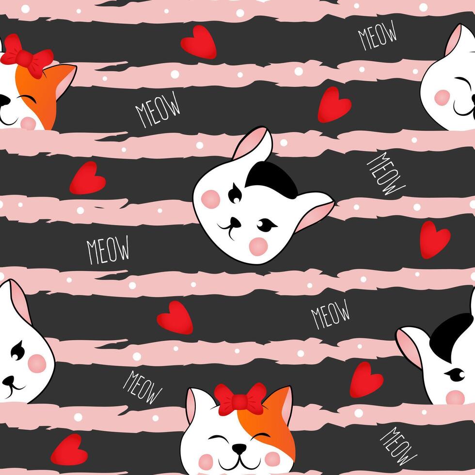 senza soluzione di continuità modello con molti diverso rosso e nero e bianca teste di gatti su grigio a strisce sfondo. illustrazione per bambini. vettore