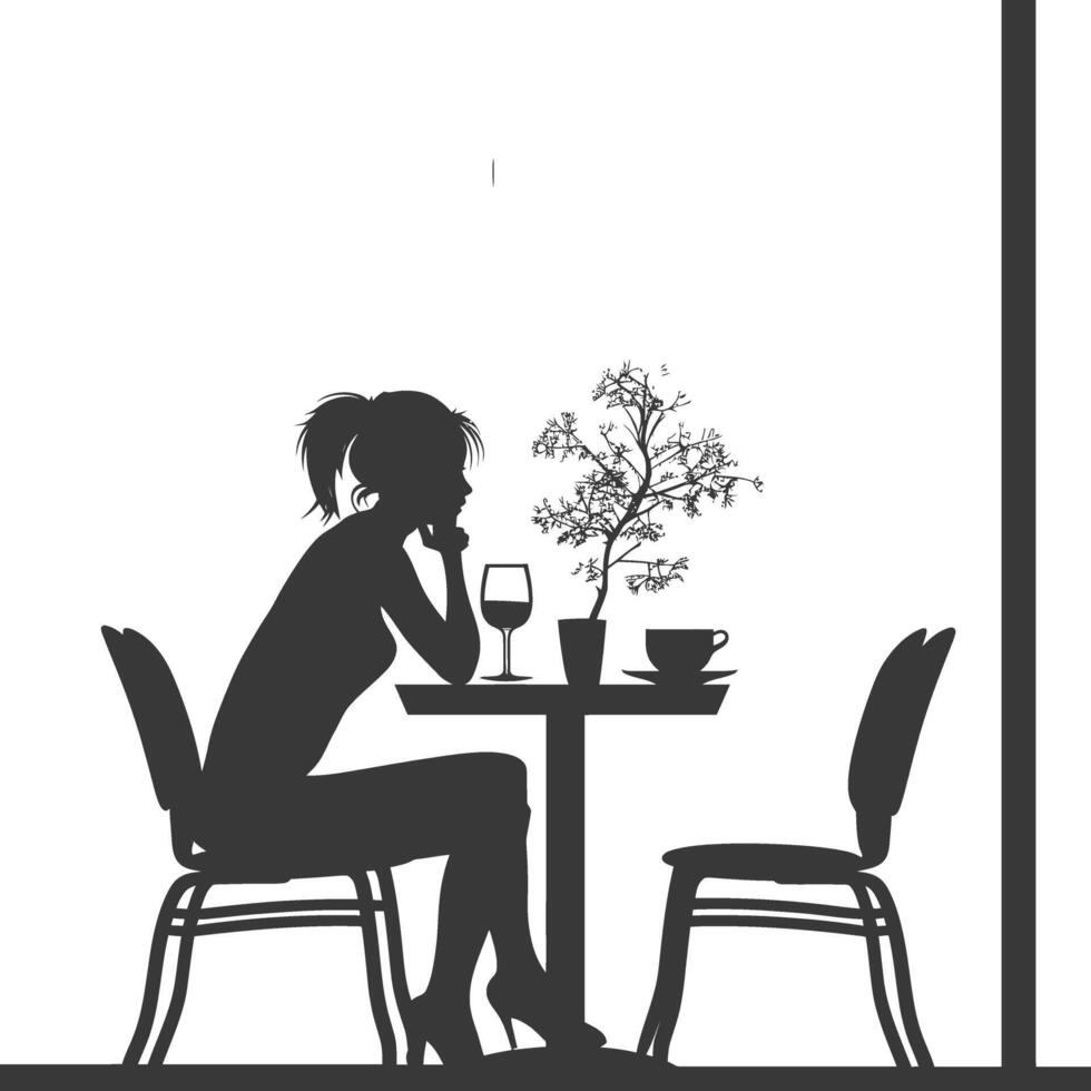 silhouette donna seduta a un' tavolo nel il bar bar ristorante nero colore solo vettore