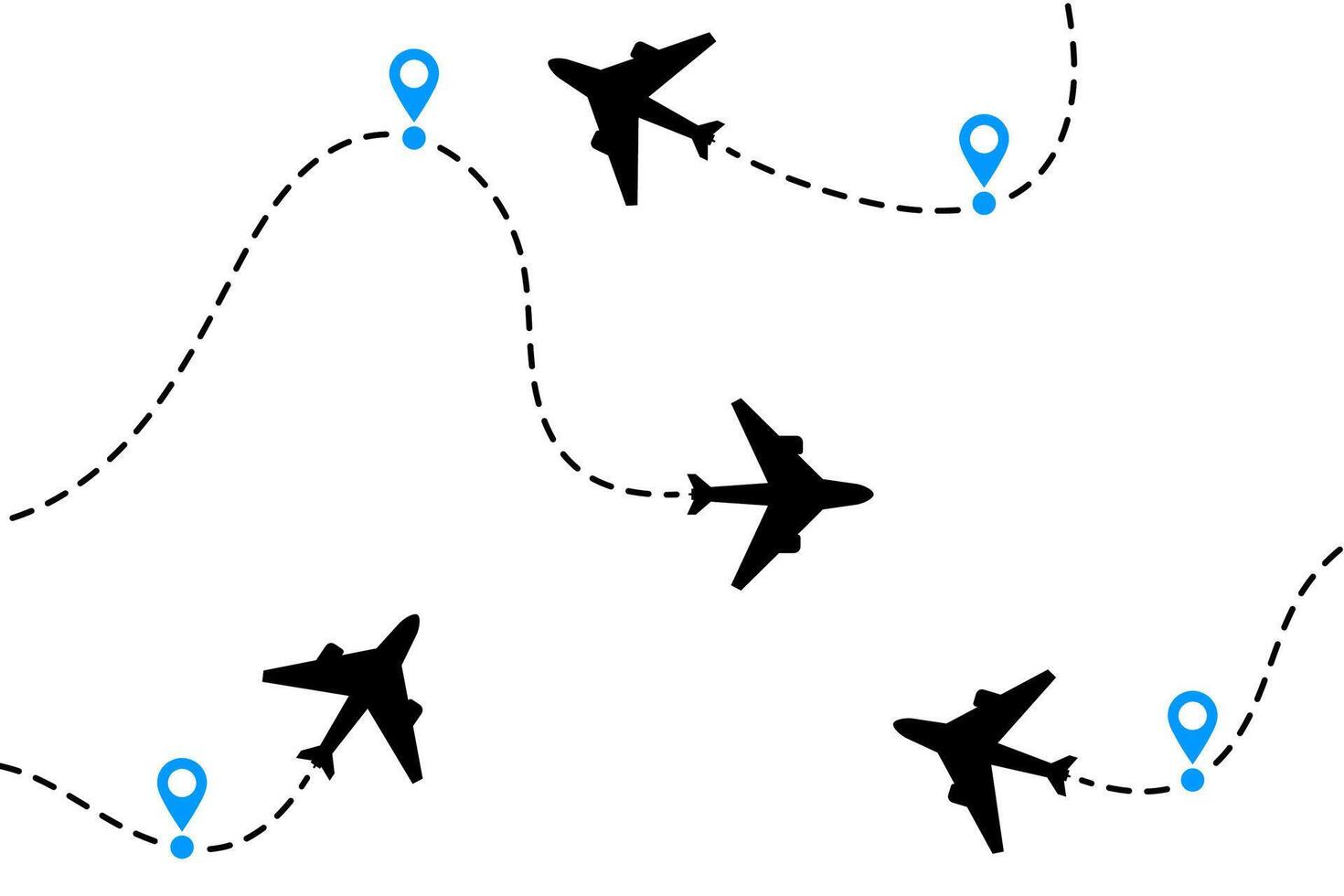 aereo aria volo sentiero. aereo viaggio elementi con viaggio perno carta geografica. silhouette di aereo icona nel volo carta geografica vettore