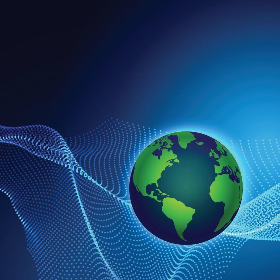 digitale tecnologia terra mondo carta geografica su blu sfondo con puntini onda vettore