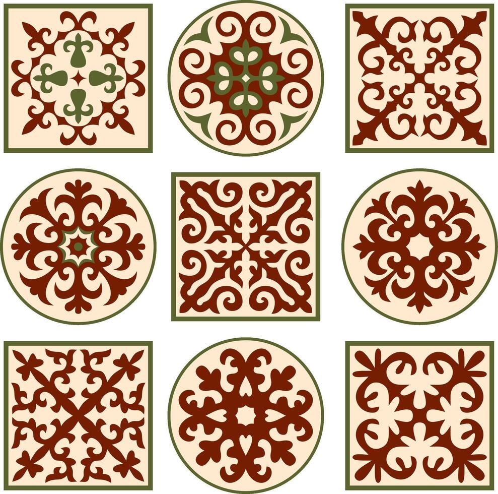 impostato di colorato segni kazakh nazionale ornamento. etnico modello di il popoli di il grande steppa, mongoli, kirghiso, calmucchi, buriati. cerchio, telaio confine. vettore