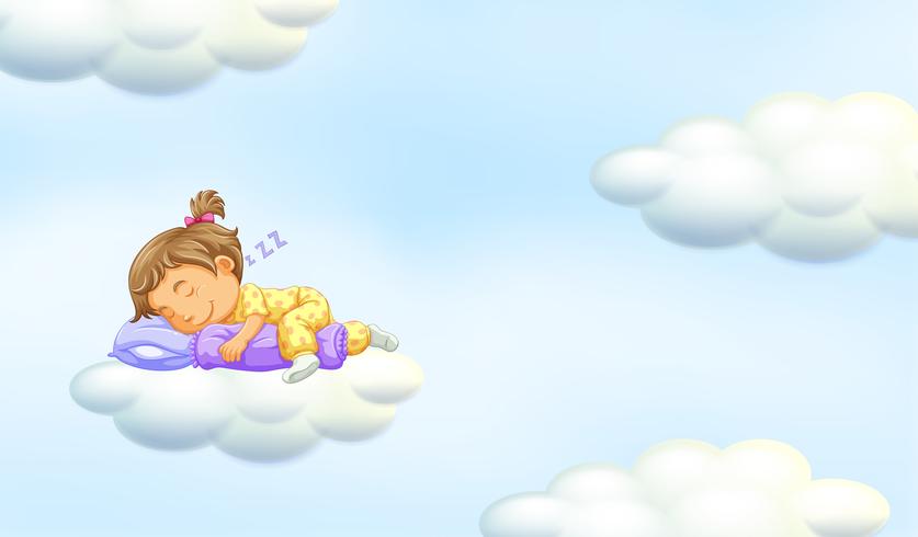 Bambina che dorme sulla nuvola galleggiante vettore