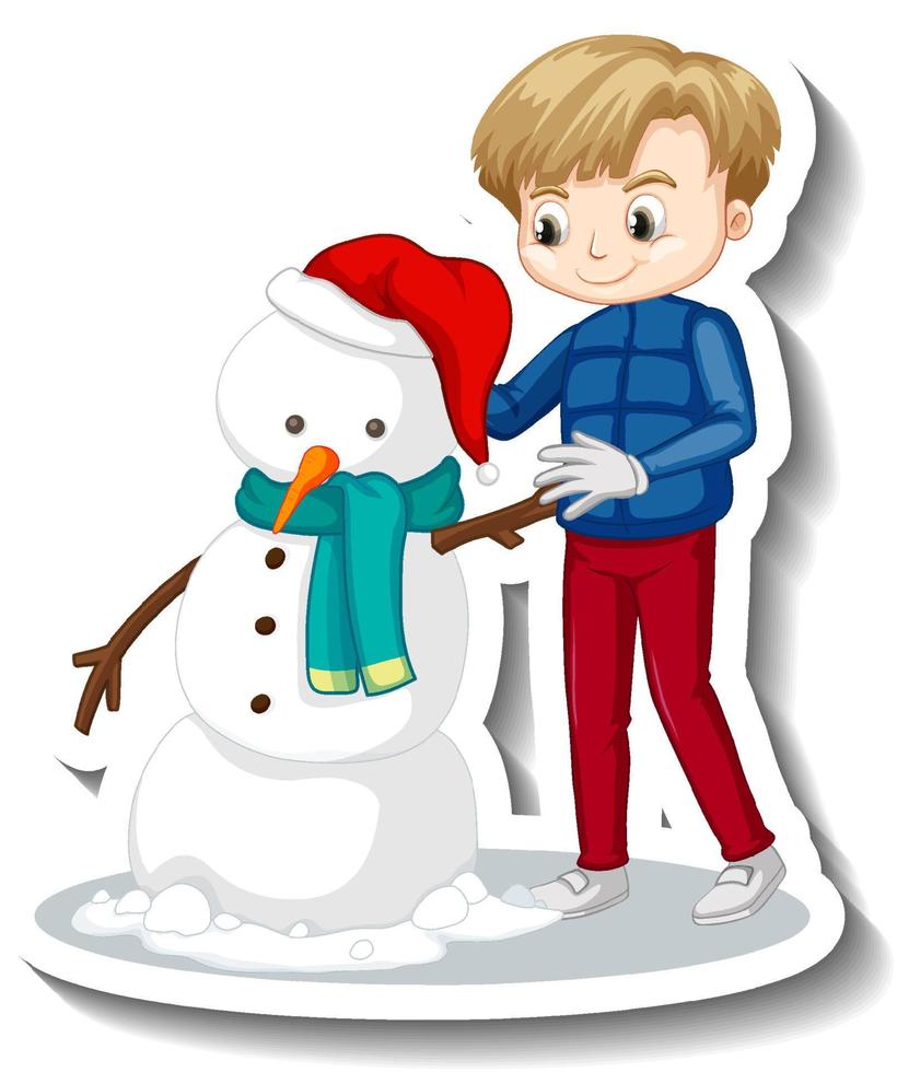 adesivo cartone animato ragazzo che costruisce un pupazzo di neve vettore