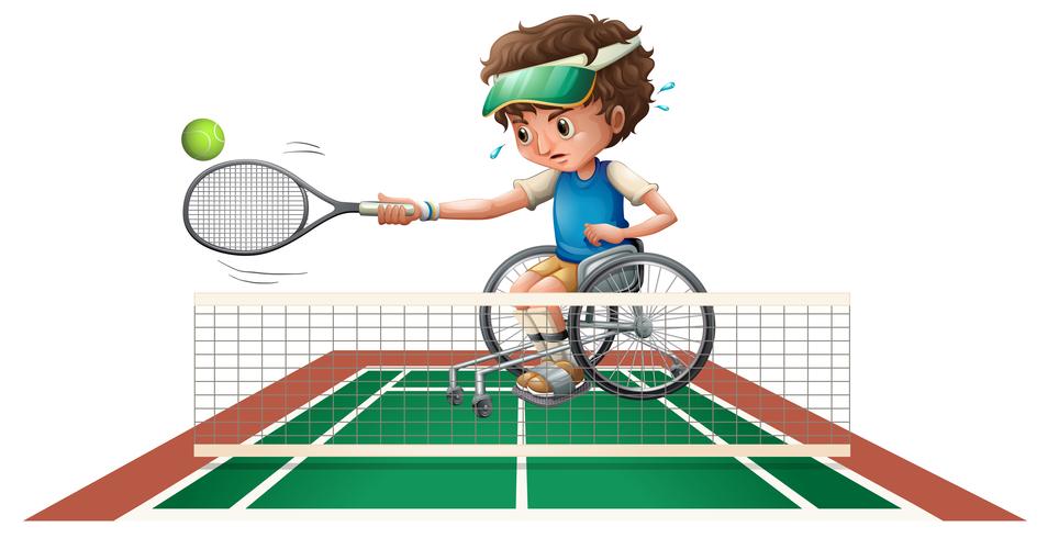Ragazzo in sedia a rotelle a giocare a tennis vettore