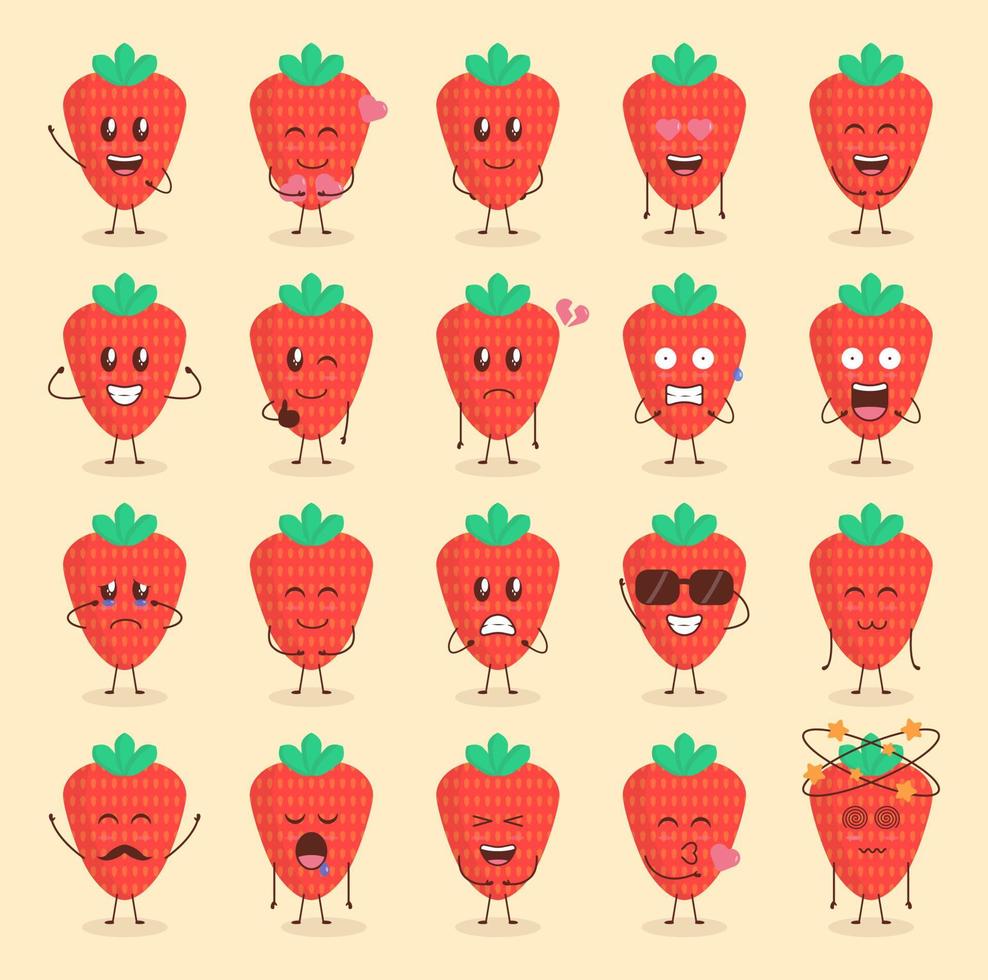 cartone animato colorato carino fragola impostato con varie espressioni vettore