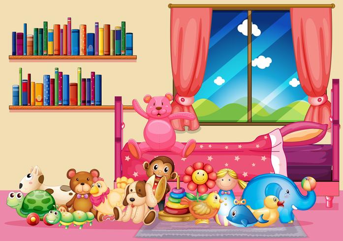 Molti giocattoli e libri in camera da letto vettore