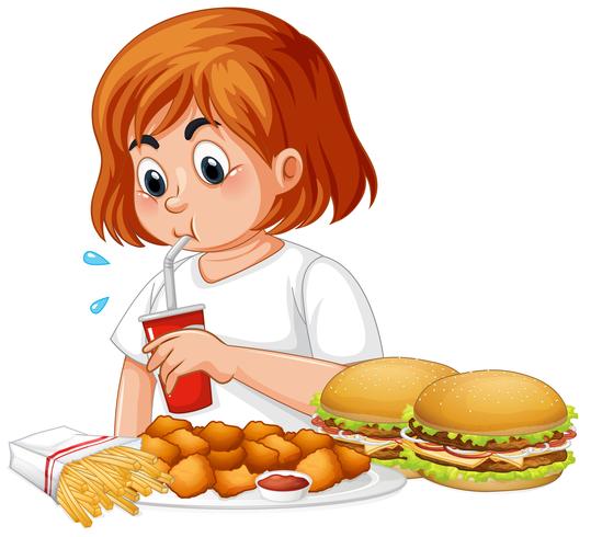 Ragazza grassa che mangia fast food vettore