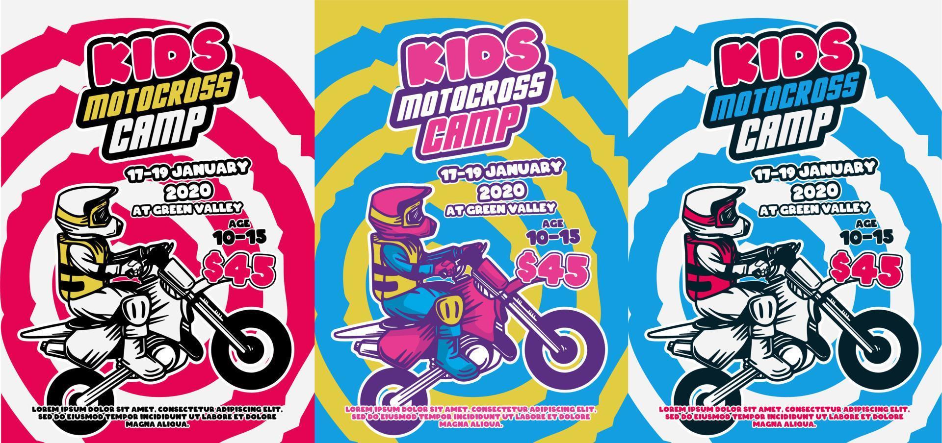 bambini motocross camp poster design estate retrò vintage cool illustrazione a colori volantino vettore