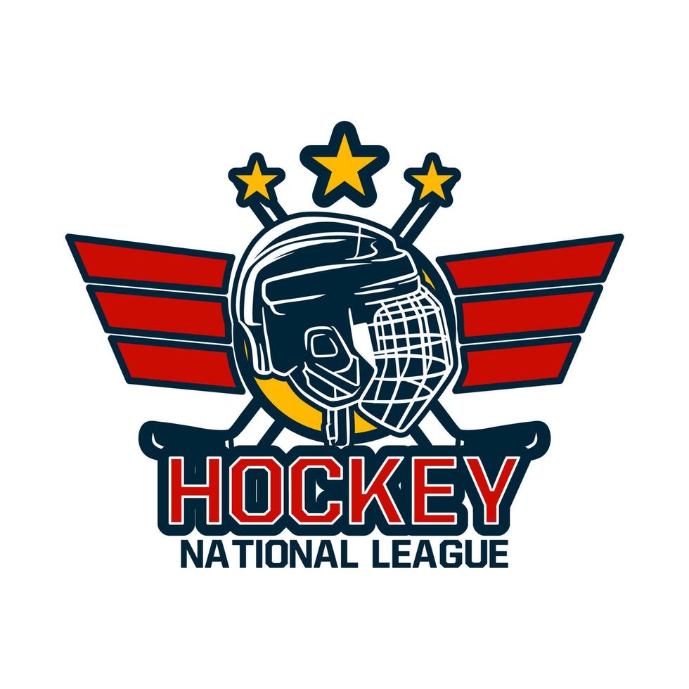 modello di emblema distintivo del logo della lega nazionale di hockey con casco e stelle vettore
