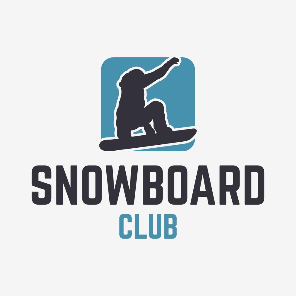 modello di logo del club di snowboard con silhouette di snowboarder vettore