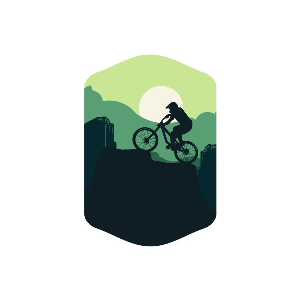 illustrazione di mountain bike gradazione piatta colore di sfondo verde. segno logo distintivo simbolo tshirt poster design vettore